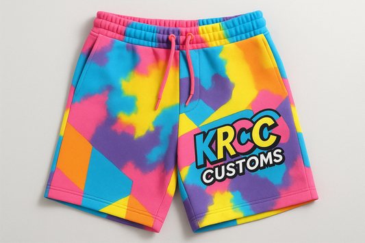 Vibrant colorful shorts with KRCC Customs logo